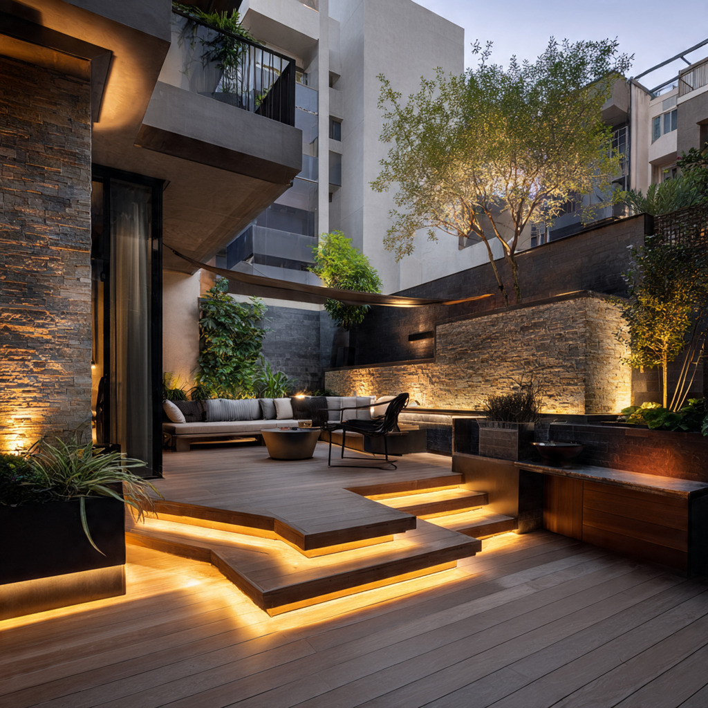 Modern terrace design combining LED lighting with wood, stone, and plants for a cohesive outdoor look