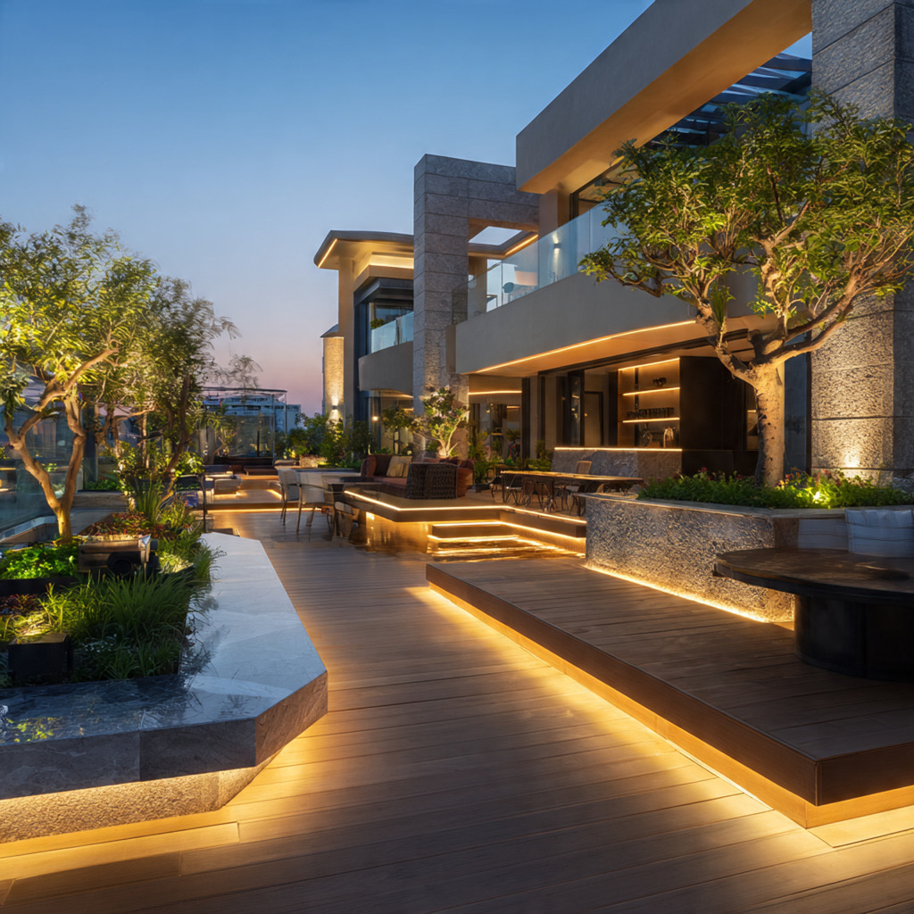 Modern terrace design combining LED lighting with wood, stone, and plants for a cohesive outdoor look