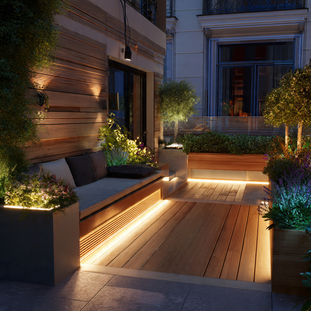 Modern terrace design featuring waterproof LED lighting with warm ambient glow, safe outdoor installation, and stylish integrated lighting elements