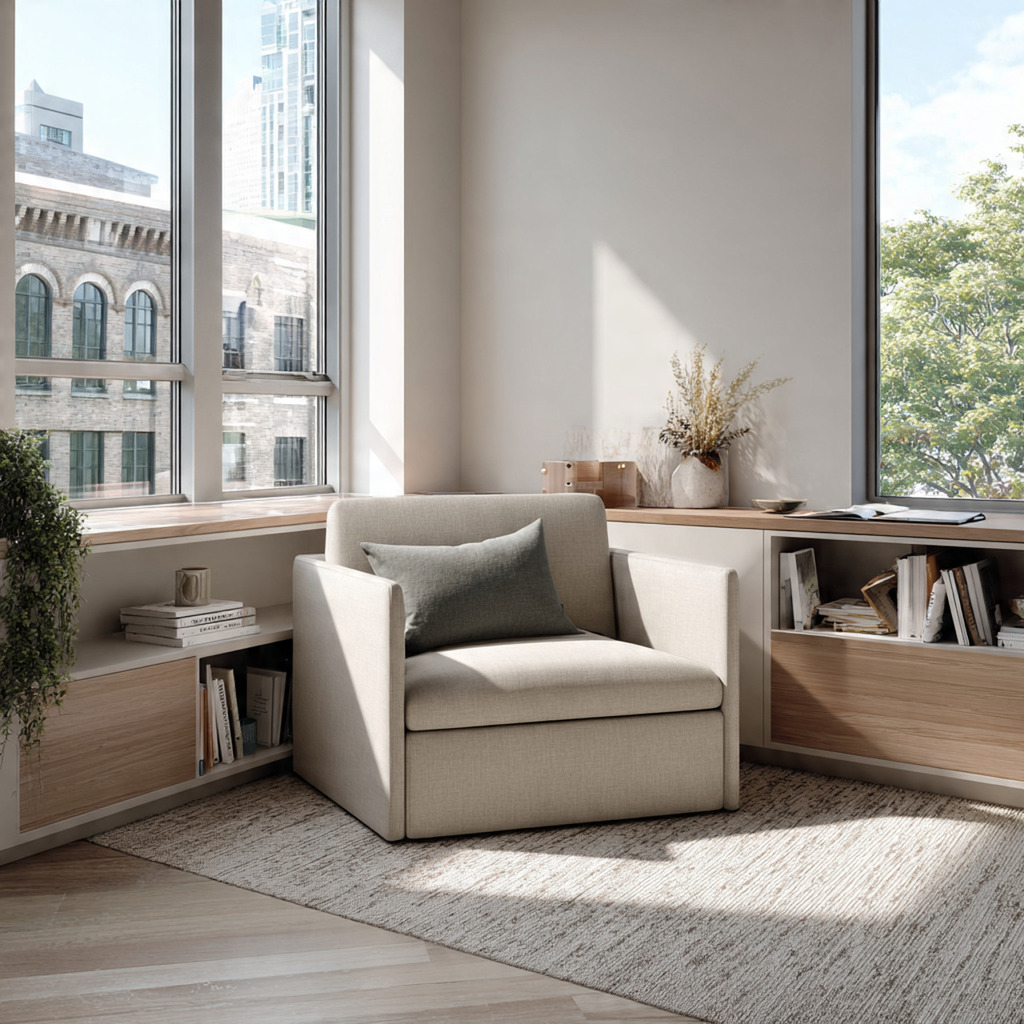 Multi-functional chair used as a flexible seating hub for work, reading, and everyday living in a modern home