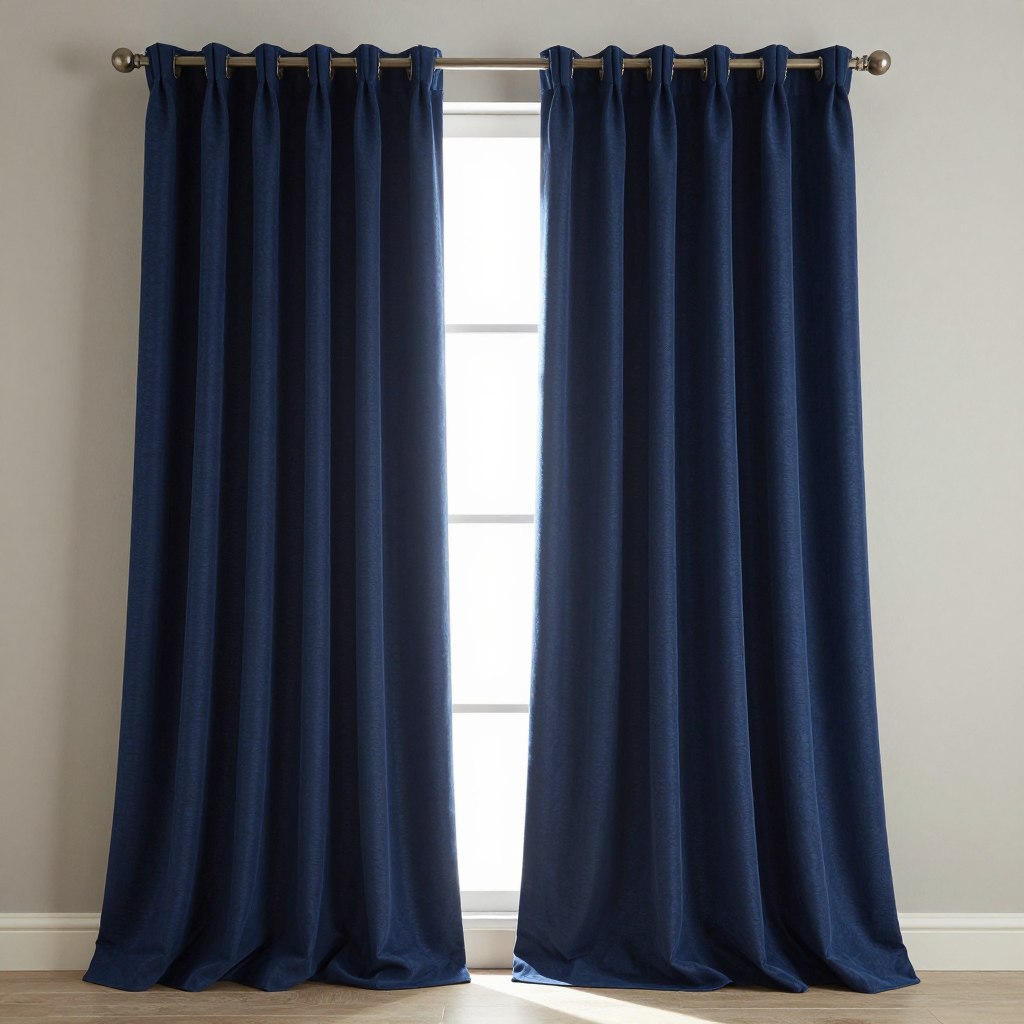 Navy blue curtains gracefully drape from a stylish window, showcasing their rich texture and opulent color. The foreground highlights the sophisticated folds and sheen of the fabric, catching soft, natural light that filters in. In the middle, the curtains are framed by a minimalist, modern curtain rod that complements the elegant look. The background features airy, muted walls in a light neutral shade, enhancing the vibrancy of the navy blue. The atmosphere conveys a sense of calm elegance, ideal for a refined living space. The overall composition captures the alluring contrast between the navy curtains and the warm light, creating a tranquil yet sophisticated mood. Use a wide-angle shot that emphasizes the luxurious draping effect, while maintaining focus on the rich color and texture of the curtains. Navy blue curtains gracefully drape from a stylish window, showcasing their rich texture and opulent color. The foreground highlights the sophisticated folds and sheen of the fabric, catching soft, natural light that filters in. In the middle, the curtains are framed by a minimalist, modern curtain rod that complements the elegant look. The background features airy, muted walls in a light neutral shade, enhancing the vibrancy of the navy blue. The atmosphere conveys a sense of calm elegance, ideal for a refined living space. The overall composition captures the alluring contrast between the navy curtains and the warm light, creating a tranquil yet sophisticated mood. Use a wide-angle shot that emphasizes the luxurious draping effect, while maintaining focus on the rich color and texture of the curtains.
