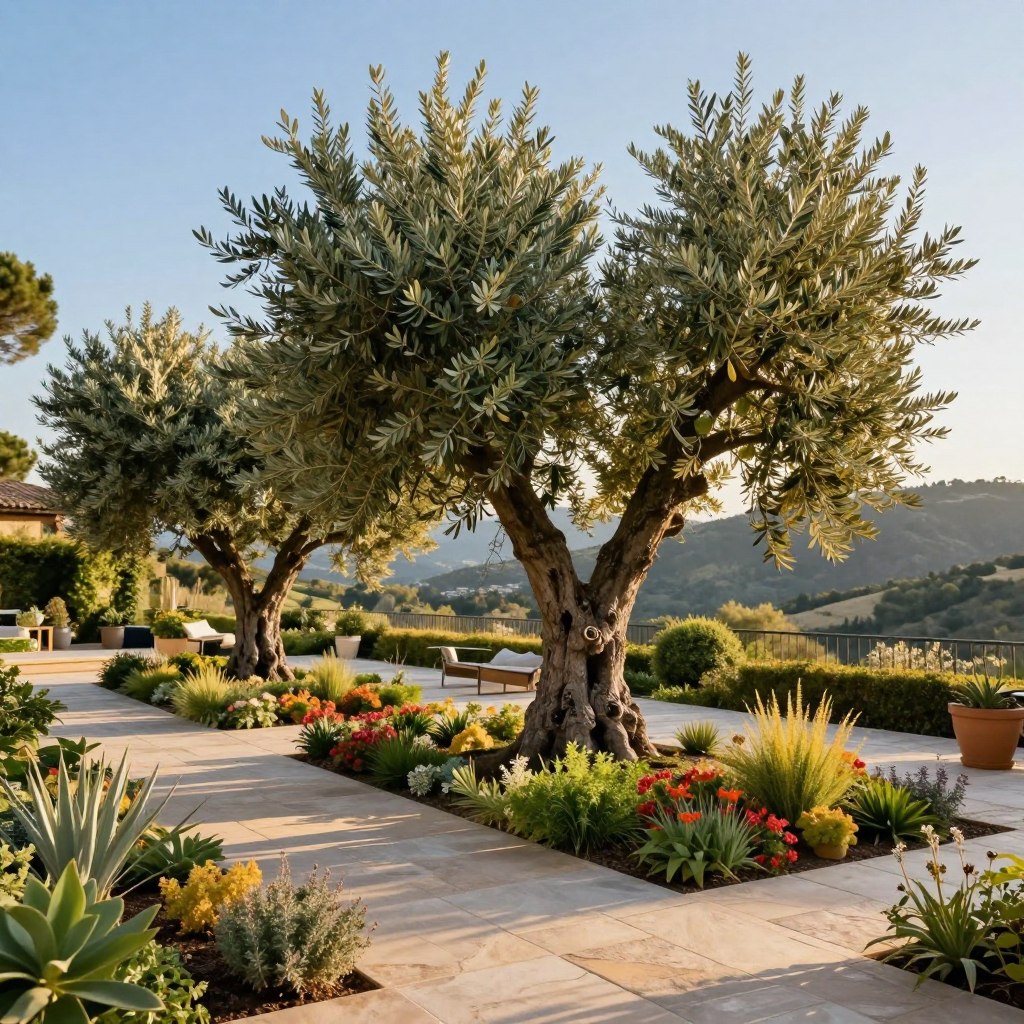 Olive tree terrace landscaping design featuring lush, mature olive trees as focal points in a stunning outdoor living space. The foreground showcases a beautifully arranged stone pathway bordered by colorful Mediterranean plants and low-growing herbs. In the middle, the robust olive trees create a sense of elegance, their gnarled trunks and silvery leaves catching the warm sunlight. In the background, rolling hills under a clear blue sky provide a tranquil backdrop, enhancing the serene atmosphere. The scene is bathed in golden hour lighting, casting soft shadows and a warm glow across the terrace. Capture this idyllic setting from a low angle, emphasizing the height and beauty of the olive trees while maintaining a wide perspective of the inviting space.