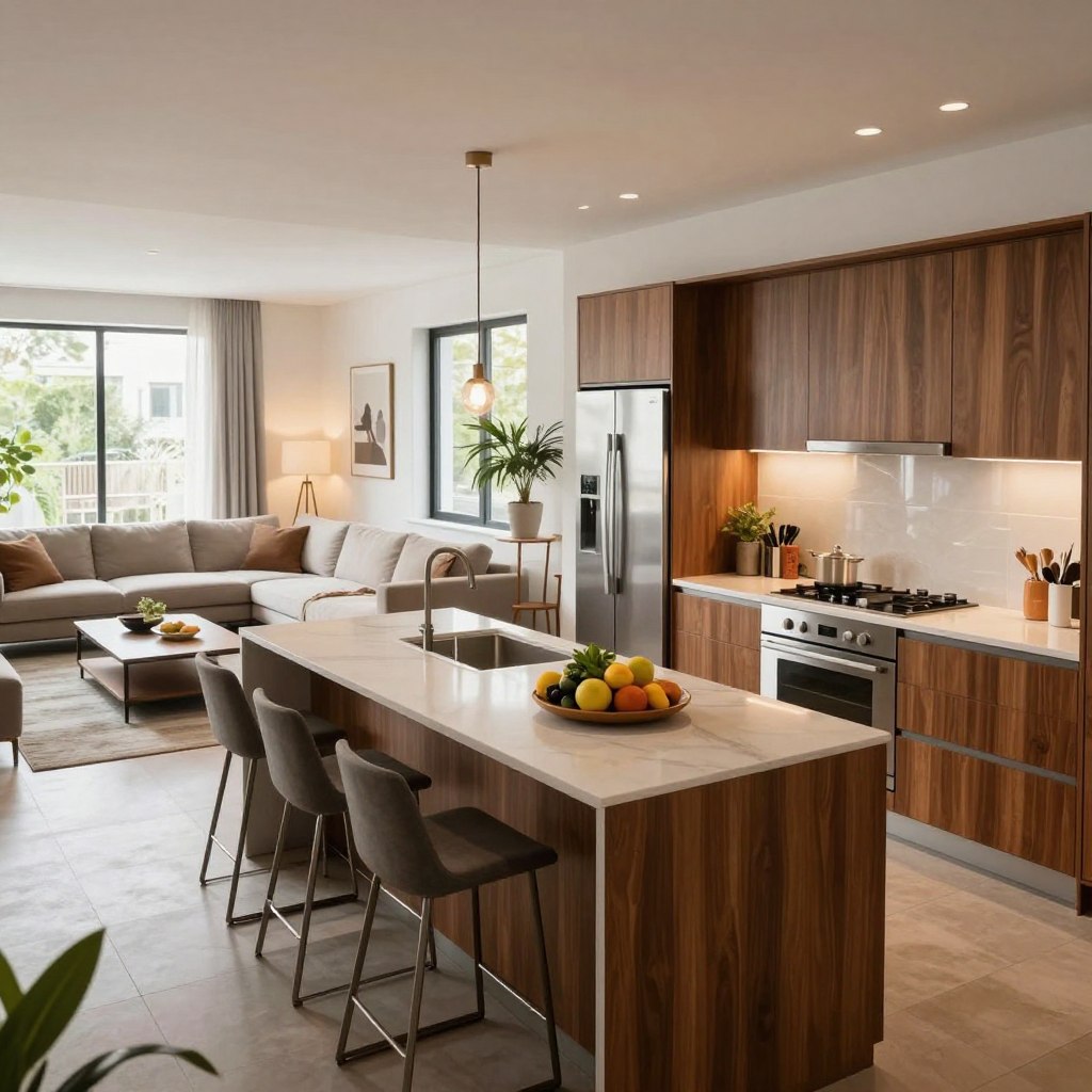 Open concept kitchen featuring a seamless living and cooking area, with modern cabinetry in rich wooden tones and sleek, stainless steel appliances. The foreground showcases a stylish kitchen island with elegant bar stools, adorned with fresh fruit and decorative plants. In the middle ground, a cozy living space unfolds with a comfortable sectional sofa, stylish coffee table, and ambient lighting that creates a warm atmosphere. The background reveals large windows that flood the space with natural light, enhancing the open feel. The scene captures a harmonious blend of functionality and aesthetics, with a bright, airy mood, perfect for modern apartment living. The perspective is slightly elevated, capturing the entire layout in one elegant frame. Open concept kitchen featuring a seamless living and cooking area, with modern cabinetry in rich wooden tones and sleek, stainless steel appliances. The foreground showcases a stylish kitchen island with elegant bar stools, adorned with fresh fruit and decorative plants. In the middle ground, a cozy living space unfolds with a comfortable sectional sofa, stylish coffee table, and ambient lighting that creates a warm atmosphere. The background reveals large windows that flood the space with natural light, enhancing the open feel. The scene captures a harmonious blend of functionality and aesthetics, with a bright, airy mood, perfect for modern apartment living. The perspective is slightly elevated, capturing the entire layout in one elegant frame.