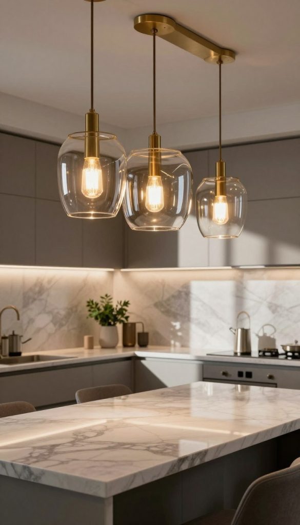 Oversized statement pendant lights hang impressively above a modern kitchen island, showcasing a sophisticated blend of materials such as brushed brass and glass. The foreground features a striking, large, geometric pendant light with a unique design, reflecting warm, ambient lighting that casts soft shadows across the glossy countertop. In the middle ground, the kitchen island showcases a marble surface with subtle veining, adorned with minimalist decor elements like potted herbs and sleek kitchenware. The background displays sleek cabinetry and elegant tile work, bathed in soft, diffused sunlight filtering through large windows. The atmosphere is inviting and luxurious, emphasizing the role of the pendant lights as a focal point in the elegant space, captured with a wide-angle lens to enhance depth and scale.