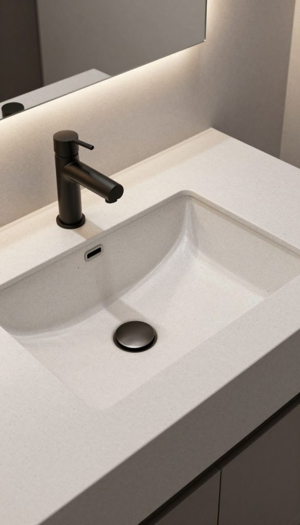 Professional high-angle shot of a custom integrated sink countertop made of light gray quartz in a minimalist bathroom, featuring a sleek matte black faucet and subtle ambient lighting, 8k resolution, photorealistic interior design.