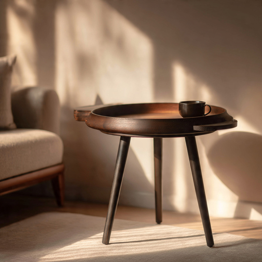 Removable tray side table offering portable serving and everyday living room storage