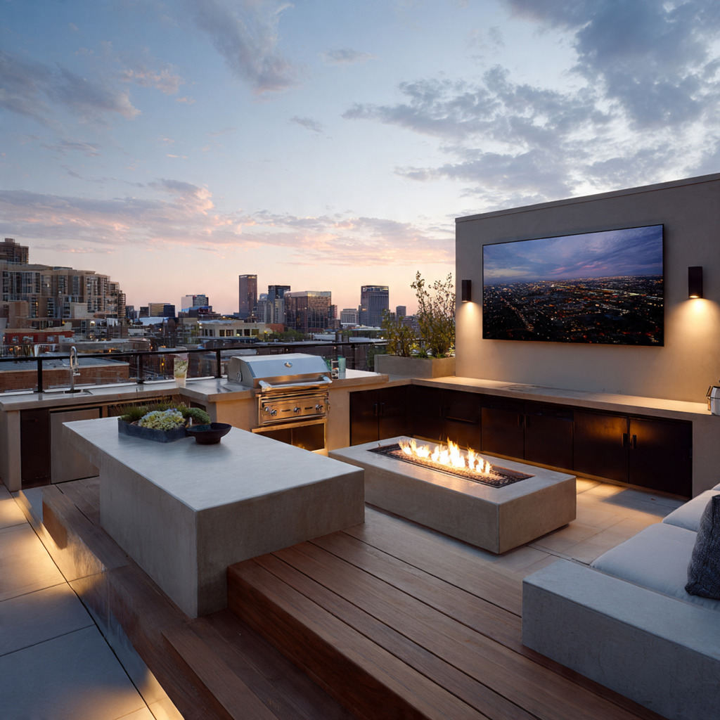 Rooftop terrace entertainment design with outdoor kitchen, fire pit, and media area for stylish gatherings