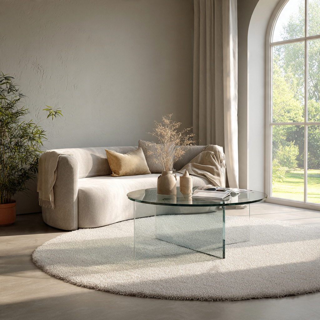Round tempered glass coffee table creating a soft and inviting modern living room Round tempered glass coffee table creating a soft and inviting modern living room