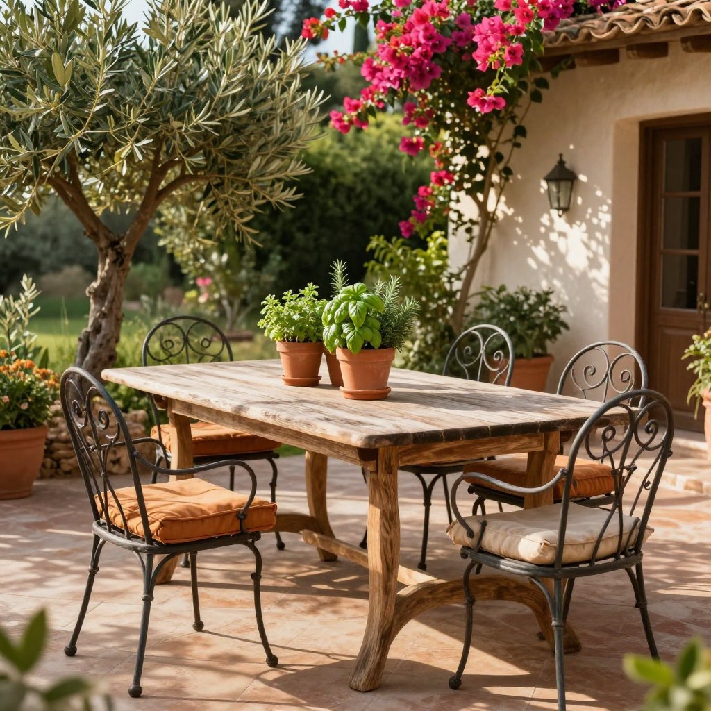 Rustic Mediterranean garden furniture set in a sun-drenched terrace. In the foreground, a beautifully weathered wooden dining table with elegant, curved legs, surrounded by charming wrought-iron chairs, their backs adorned with intricate scrollwork. On the table, a vibrant centerpiece of terracotta pots filled with blooming herbs like basil and rosemary. In the middle, soft cushions in warm, earthy tones provide comfort. The background features lush greenery with olive trees and bougainvillea in full bloom, casting dappled shadows on the scene. The lighting is warm and golden, evoking a peaceful late afternoon. The angle captures the inviting atmosphere, suggesting a serene outdoor setting perfect for relaxation and gathering. The mood is tranquil and welcoming, embodying the essence of Mediterranean authenticity.