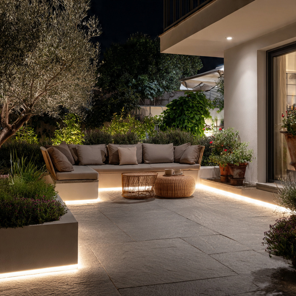 Safe terrace LED lighting installation with waterproof fixtures, low-voltage system, and clean outdoor wiring design