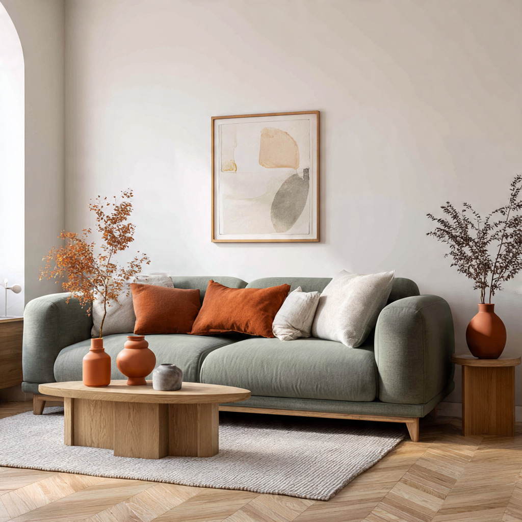 Sage gray sofa paired with creamy whites, terracotta accents, and warm wood tones in a cohesive living room design