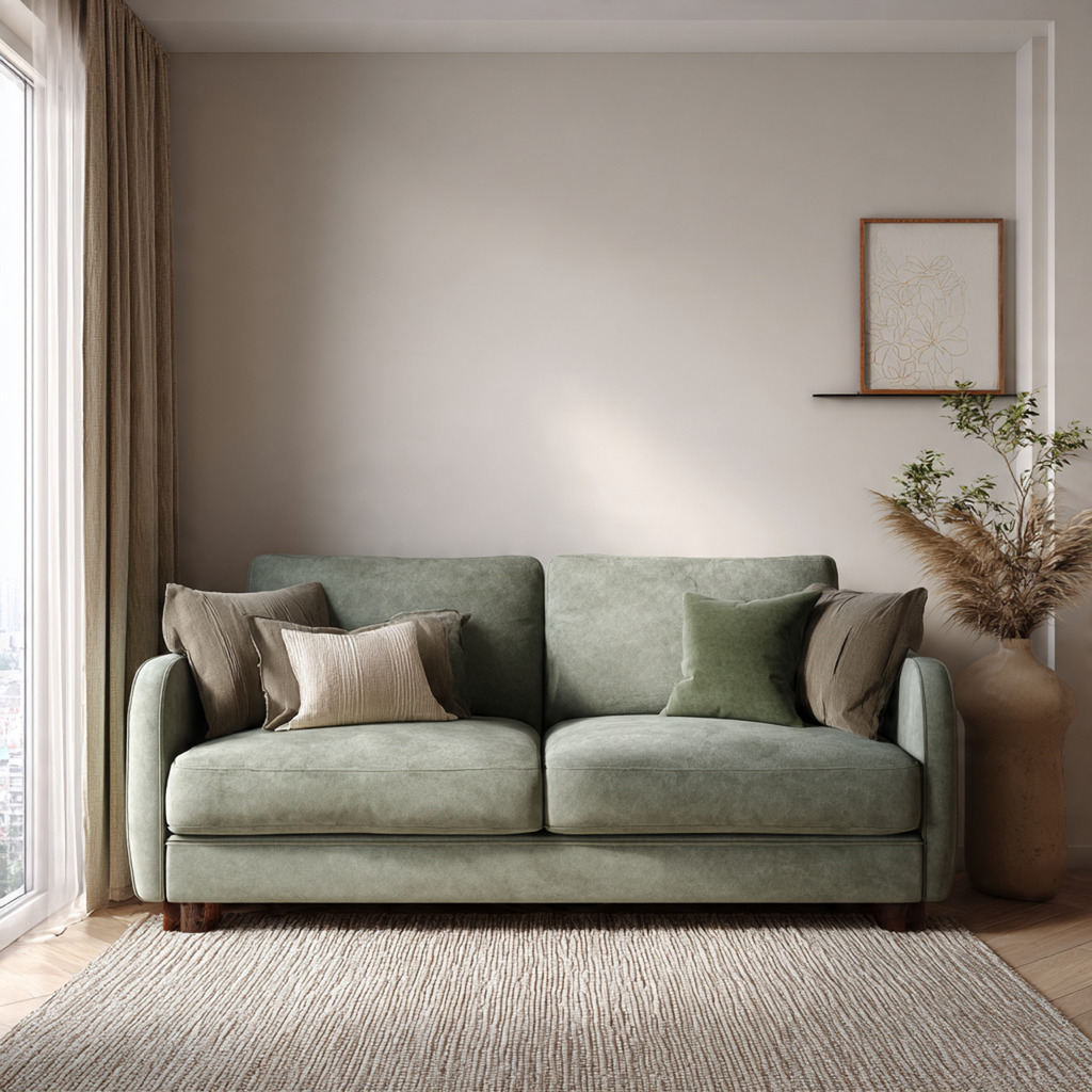 Sage gray sofa showing a muted green with gray undertones in a timeless modern living room