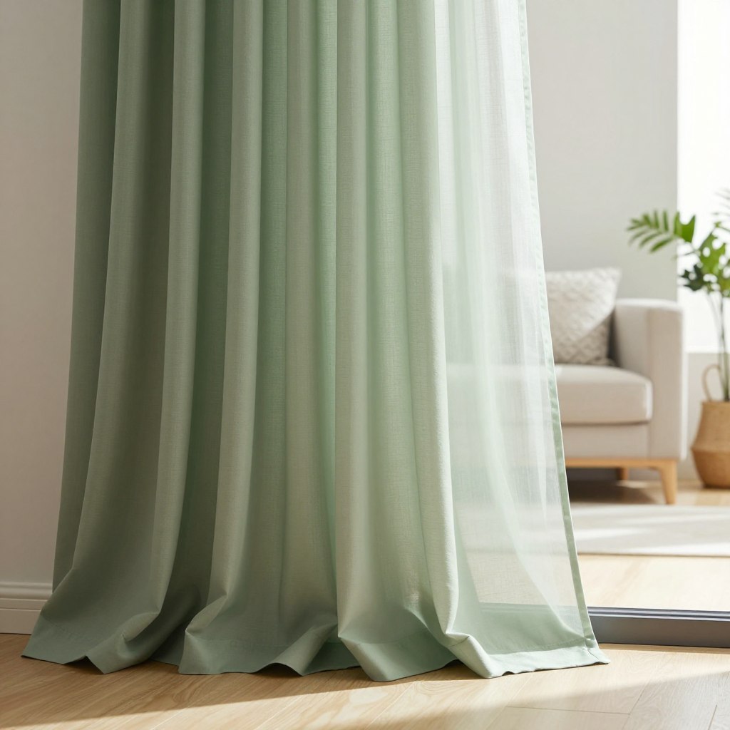 Sage green curtains gently drape from an elegant, modern window frame, their soft fabric billowing slightly in a light breeze. The foreground features the rich textures of the curtains showcasing subtle variations of green, hinting at nature's tranquility. In the middle ground, a cozy living room with light-colored walls and minimalist furnishings complements the curtains, creating a harmonious atmosphere. Soft, natural light filters through the sheer top layer of the curtains, casting delicate shadows on the wooden floor. In the background, a hint of greenery from potted plants enhances the natural theme, blurring slightly for a serene effect. The overall mood is calm and inviting, exemplifying the peaceful elegance of sage green. Sage green curtains gently drape from an elegant, modern window frame, their soft fabric billowing slightly in a light breeze. The foreground features the rich textures of the curtains showcasing subtle variations of green, hinting at nature's tranquility. In the middle ground, a cozy living room with light-colored walls and minimalist furnishings complements the curtains, creating a harmonious atmosphere. Soft, natural light filters through the sheer top layer of the curtains, casting delicate shadows on the wooden floor. In the background, a hint of greenery from potted plants enhances the natural theme, blurring slightly for a serene effect. The overall mood is calm and inviting, exemplifying the peaceful elegance of sage green.