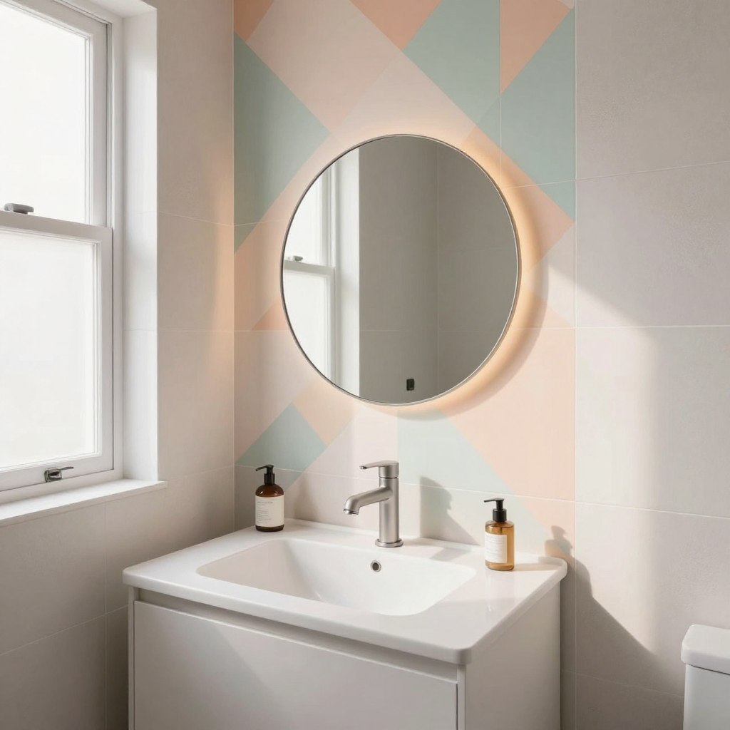 Small bathroom design featuring a stylish accent wall in soft pastel tones, complemented by sleek modern fixtures including a minimalist faucet and a compact vanity. The foreground displays a well-organized space with a chic round mirror above the sink, reflecting ambient lighting. The walls are adorned with subtle textured tiles, and the accent wall showcases a vibrant geometric pattern that enhances the room's depth. Natural light pours in through a frosted window, casting soft shadows that create a calm, inviting atmosphere. The overall mood is refreshing and contemporary, perfect for maximizing the use of space while promoting a sense of tranquility and light. The perspective is from a slightly elevated angle, capturing the harmony of the design elements.