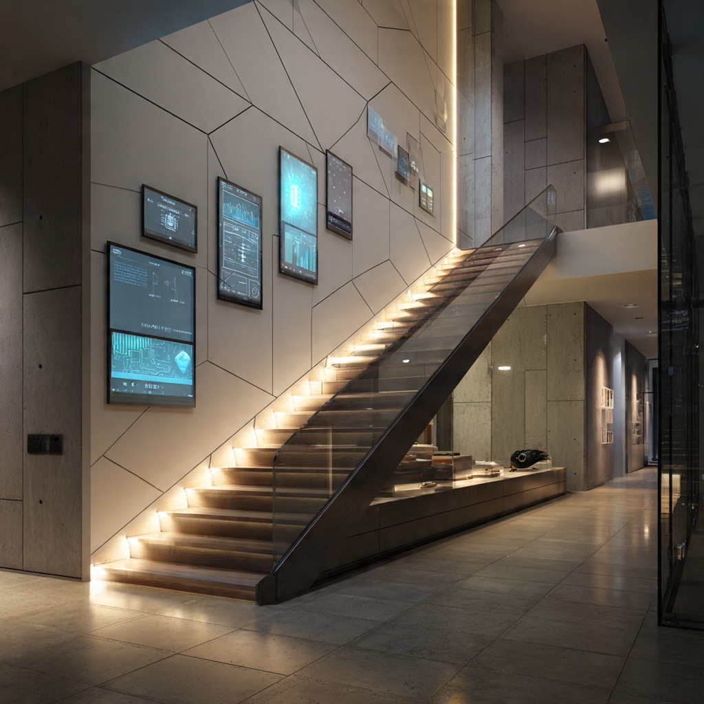 Smart staircase wall panels with integrated lighting and digital controls for a modern high-tech home interior