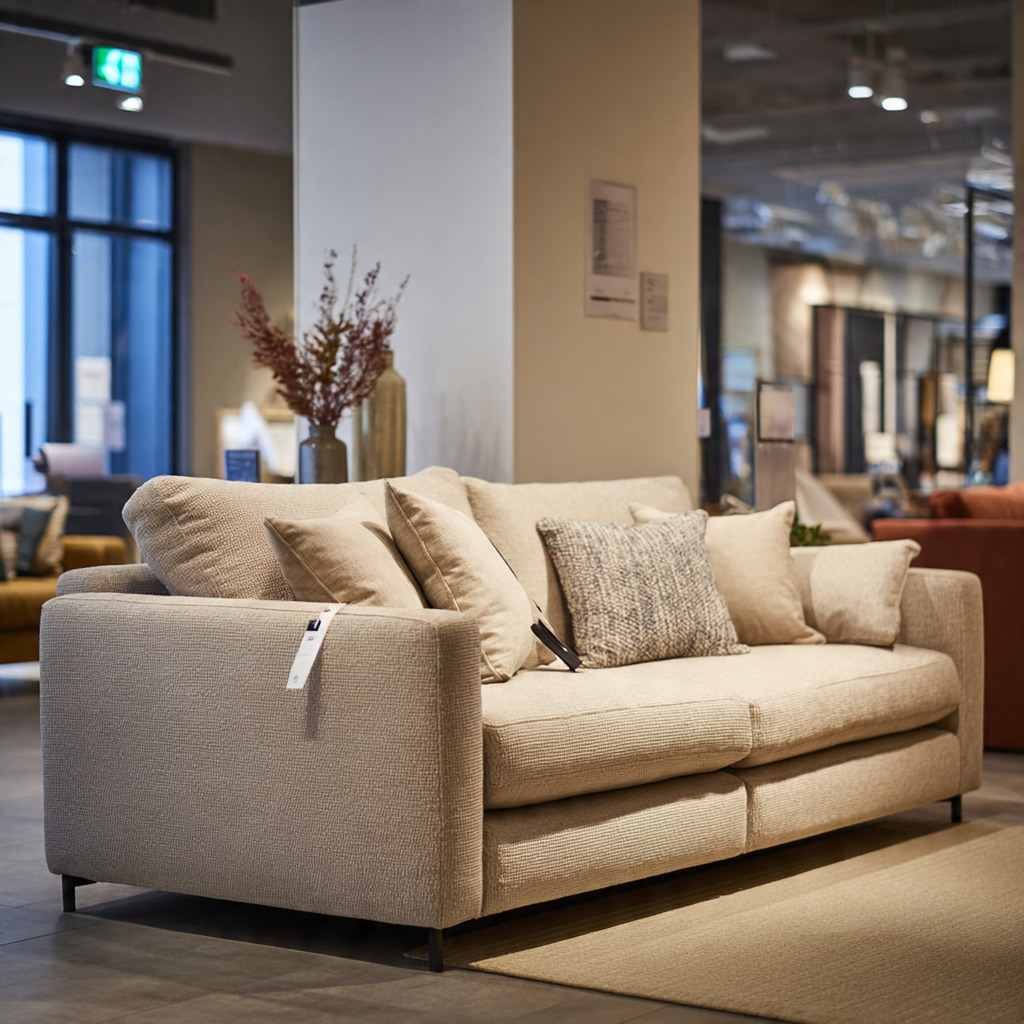 Sofa displayed in a furniture showroom without comfort testing, leading to an uncomfortable purchase