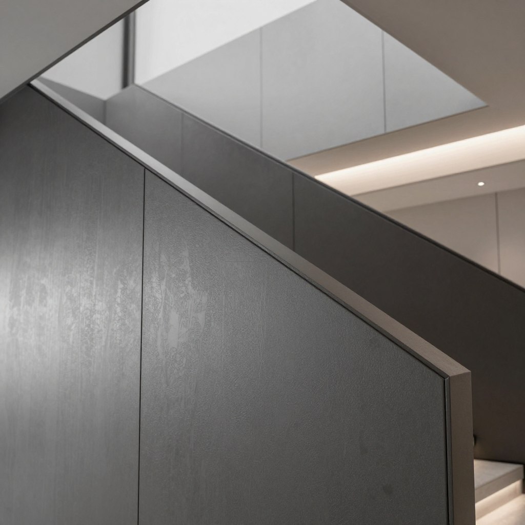 Textured monochrome panels for staircase wall paneling, featuring a harmonious blend of matte and glossy finishes. The foreground showcases a close-up of the panels, highlighting intricate surface details that evoke a sense of depth and modernity. In the middle ground, a minimalist staircase ascends, framed by the sleek paneling, emphasizing clean lines and simplicity. The background features soft ambient light filtering in through hidden sources, enhancing the monochromatic palette and casting gentle shadows that add dimension. Shot at a low angle to create an immersive perspective, the atmosphere is serene and sophisticated, embodying a contemporary minimalist aesthetic ideal for modern interiors. No text, watermarks, or any distractions present.