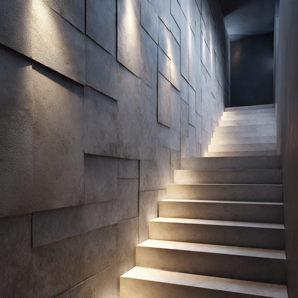Textured monochrome staircase wall panels adding depth and elegance to a minimalist interior