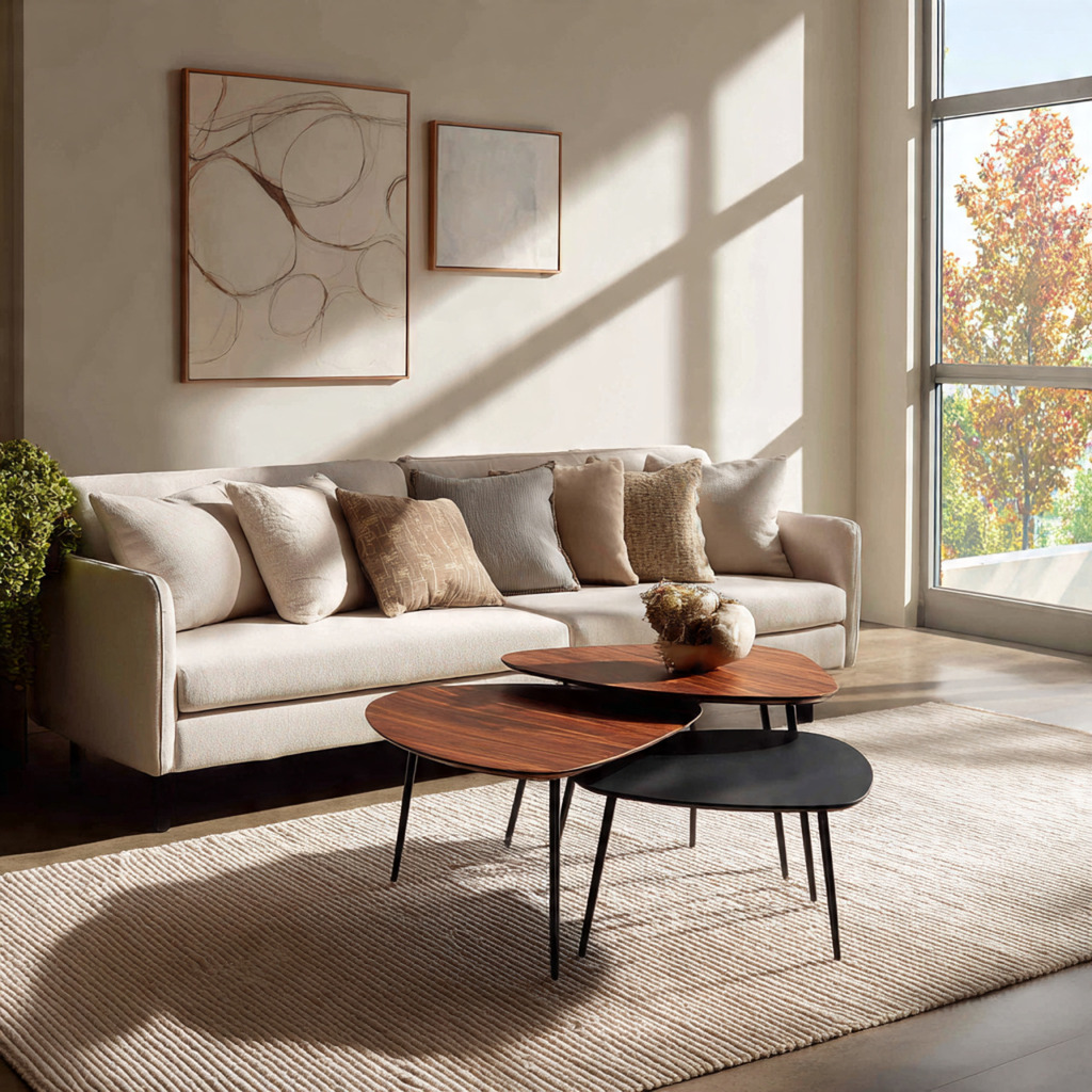 Trio of nesting tables in wood and metal offering flexible and space-saving living room design