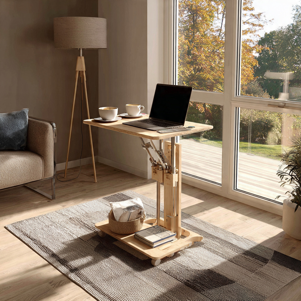 Trio of nesting tables in wood and metal offering flexible and space-saving living room design
