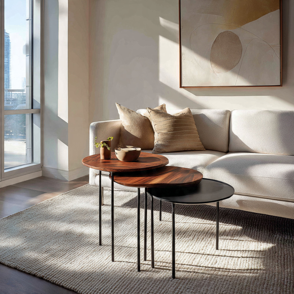 Trio of nesting tables in wood and metal offering flexible and space-saving living room design