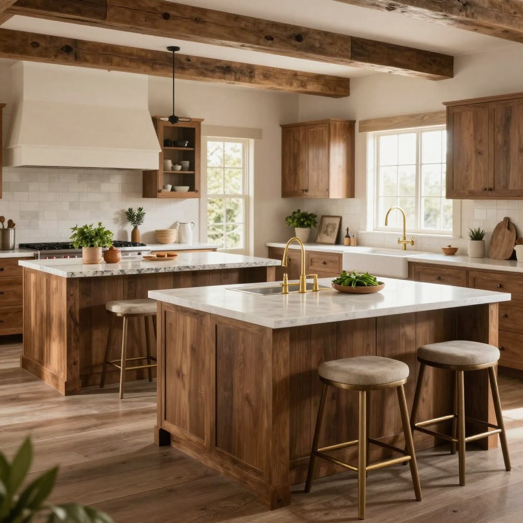 Two sleek, modern kitchen islands positioned in a spacious, rustic farmhouse kitchen. The foreground features a large island with a white marble countertop, complemented by brushed gold fixtures, surrounded by elegantly arranged bar stools. The second island, slightly smaller, showcases wooden cabinetry with a dark stained finish, topped with a contrasting light granite surface. In the background, rustic wooden beams cross the ceiling, and large windows invite warm, natural light, creating a cozy and inviting atmosphere. Potted herbs and stylish kitchenware add touches of greenery and personality. The scene captures a refined yet welcoming ambiance perfect for both meal preparation and social gatherings. The image is shot with a soft-focus lens, emphasizing the inviting warmth of the space.