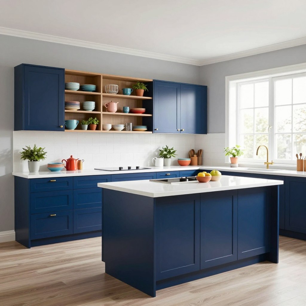 Two-tone kitchen design with colorful kitchen cabinets