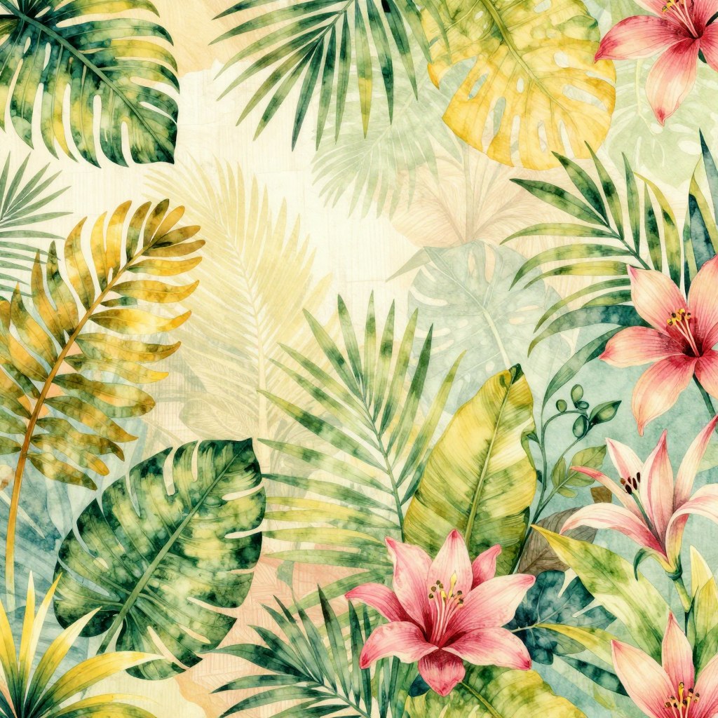 Vibrant wallpaper patterns showcasing lush tropical and botanical prints, featuring an assortment of oversized, colorful leaves, exotic flowers, and intricate vines. In the foreground, a rich blend of greens, yellows, and pinks creates a lively, harmonious design that captures the essence of a tropical paradise. The middle layer highlights subtle textures reminiscent of natural materials, like woven fibers or soft watercolor gradients, enhancing the richness of the prints. In the background, a gentle, diffused light bathes the scene, casting a warm, inviting glow that evokes a serene and exotic atmosphere. The composition invites viewers to feel as if they are stepping into a vibrant garden, filled with freshness and life, perfect for creating an exceptional space.