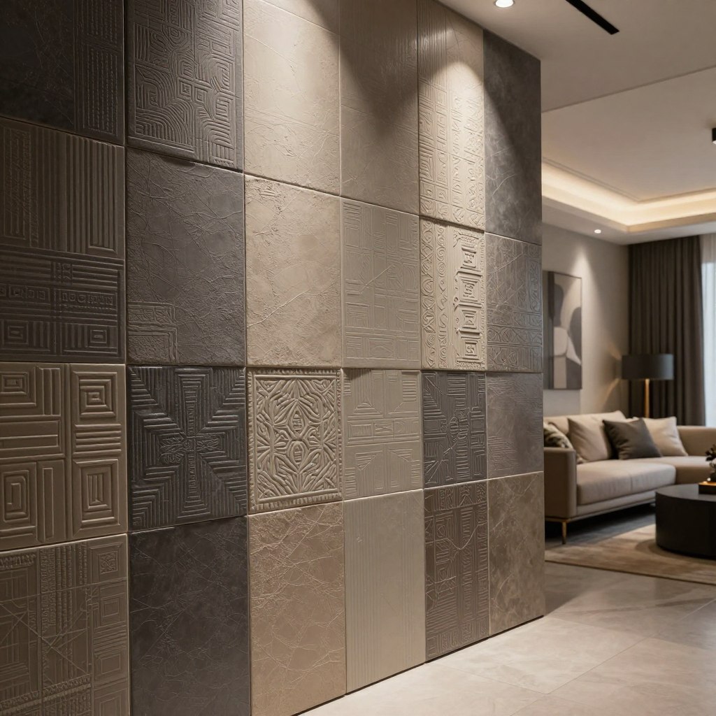 Visualize a stunning display of 3D textured wall tiles, arranged in layered panel effects that create dramatic focal points within a sophisticated living room. In the foreground, showcase a close-up of richly textured tiles with intricate geometric patterns and muted colors, such as deep greys and earthy tones. The middle ground should feature the entire wall adorned with these tiles, illuminated by soft, warm ambient lighting that enhances their depth and texture. In the background, include a tastefully decorated living room setting, with minimalist furniture and tasteful decor that complements the tiles. The scene exudes a modern, elegant atmosphere, inviting warmth and sophistication into the space. The angle should be slightly tilted to emphasize the verticality of the wall panels, capturing the interplay between light and texture.