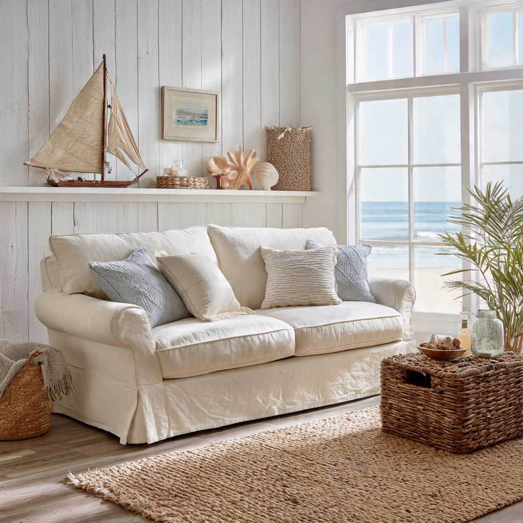 Weathered sky blue sofa in a bright coastal living room with white shiplap, woven textures, and natural light