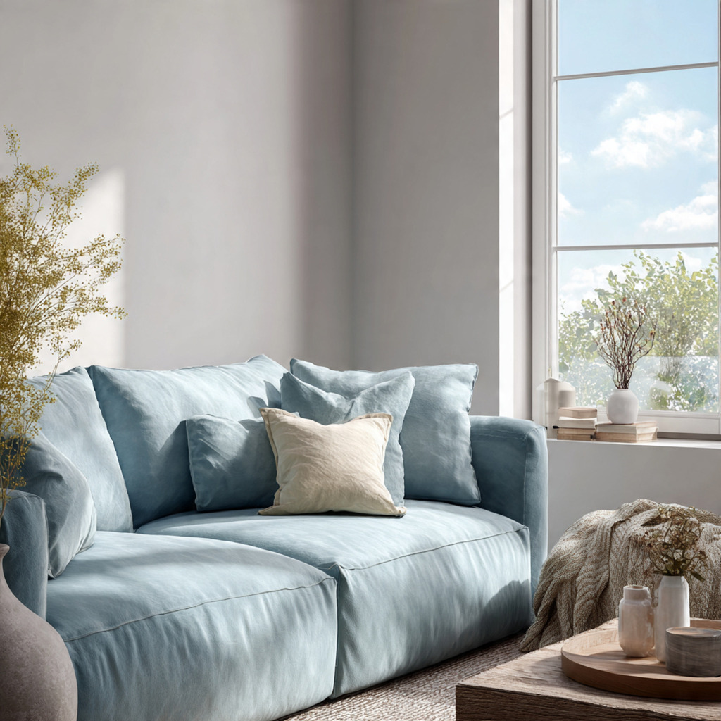 Weathered sky blue sofa in a light-filled living room, featuring a pale dusty blue with a timeless, airy feel