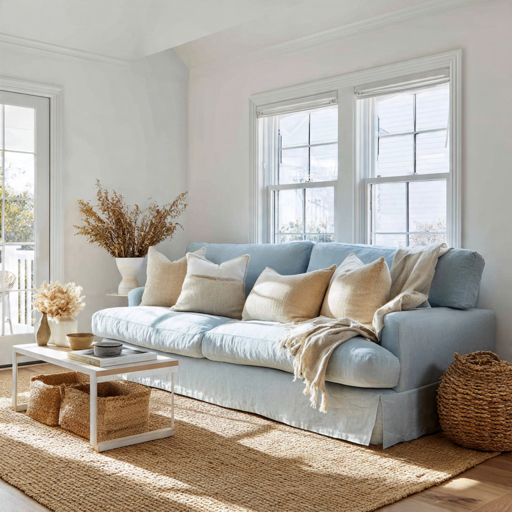 Weathered sky blue sofa styled with crisp white walls, a natural jute rug, and sandy beige textiles in a calming living room