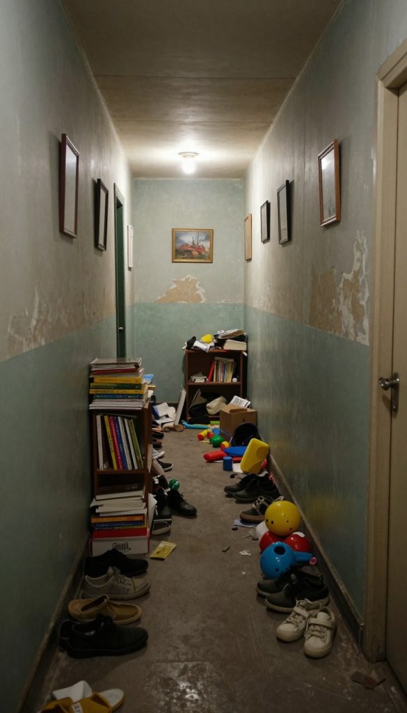 a cluttered narrow hallway before renovation; foreground features disorganized shoes, scattered children's toys, and a small bookshelf overflowing with books and clutter; middle ground shows narrow walls painted in fading, dull colors, with peeling wallpaper and framed pictures hung haphazardly; background includes a dimly lit space with a ceiling light casting a harsh glow, highlighting the cramped atmosphere; shadows play along the walls, adding depth; the perspective is from a low angle, emphasizing the height of the walls and the constricted feeling of the space; mood conveys a sense of chaos and neglect, highlighting the need for transformation and renovation.