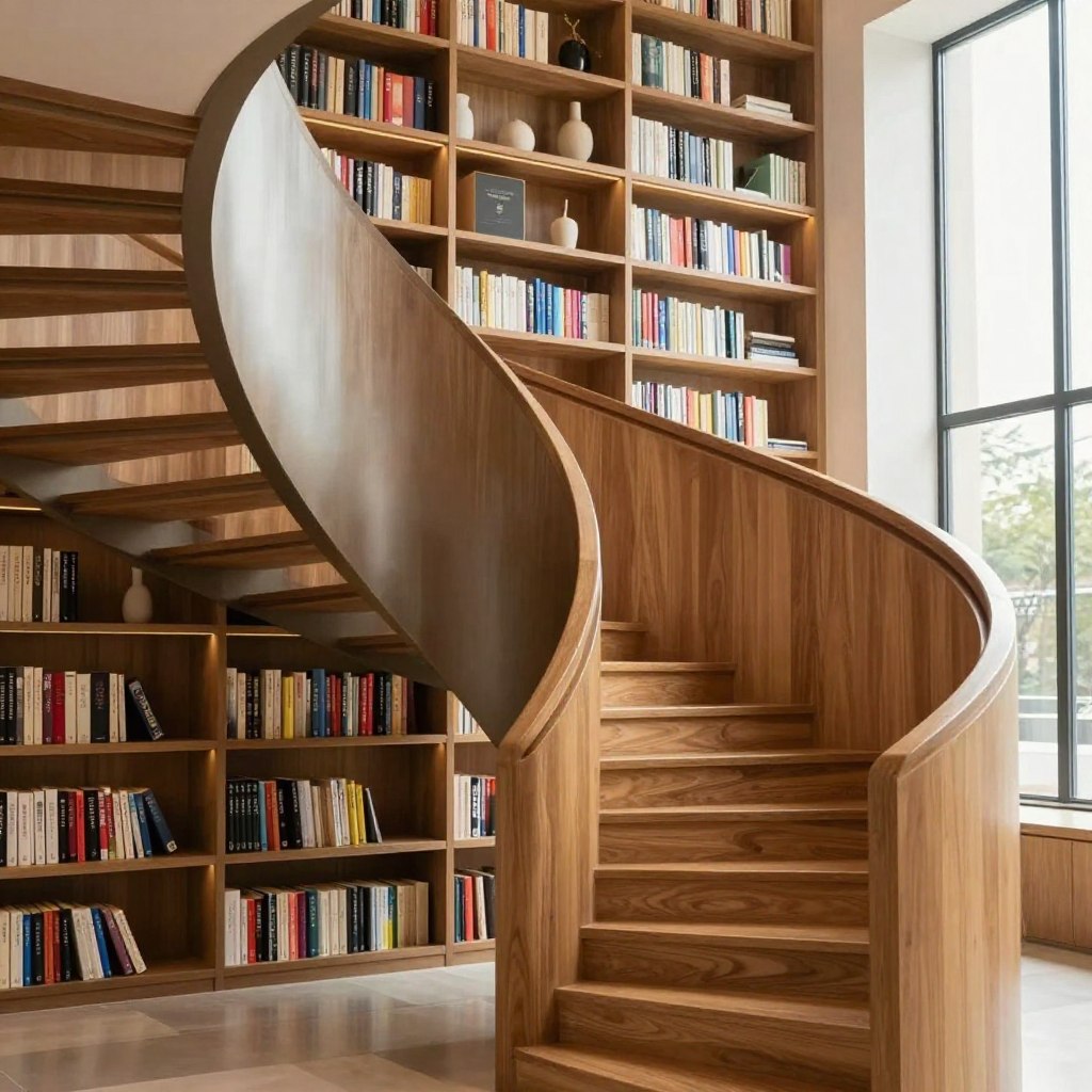 chic stair design ideas for a library staircase with built-in bookshelves