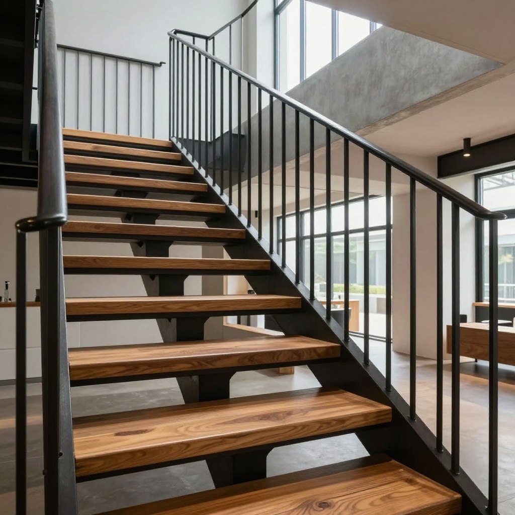 industrial chic minimalist stair design with steel and wood