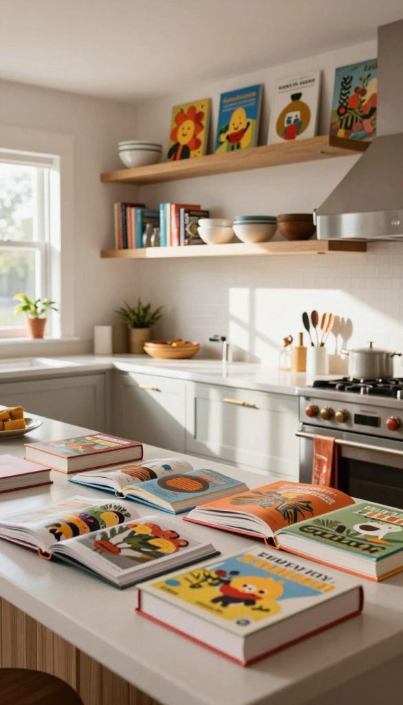 open kitchen shelving ideas with cookbook display