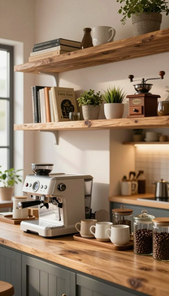 open shelving decor coffee bar