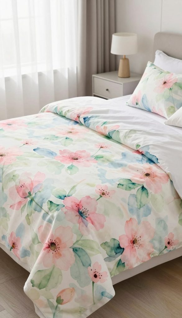 A beautiful arrangement of watercolor blossom patterned linens spread elegantly across a modern queen-size bed. The foreground showcases soft, flowing pastel pinks, greens, and blues in a delicate floral design, featuring blooms that appear hand-painted with gentle brush strokes. The middle ground captures a cozy bedroom ambiance with soft natural light filtering through sheer curtains, enhancing the translucent quality of the fabric. In the background, a minimalist bedroom setting, complete with a sleek nightstand and a simple lamp, gives a sense of contemporary style. The mood is serene and inviting, perfect for a fresh, modern atmosphere. The composition should emphasize the textures and colors of the linens, highlighting their artistic flair and harmonious integration into the bedroom decor. Focus on a slightly overhead angle to capture the full beauty of the linens without any human presence.