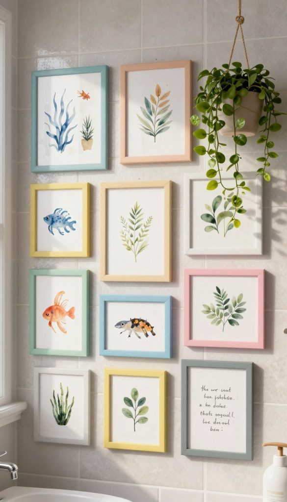 A beautifully arranged DIY bathroom art display, showcasing a variety of framed artwork, such as watercolor sea creatures, botanical prints, and inspirational quotes. The foreground features colorful frames in bright pastels, arranged asymmetrically on a soft, textured bathroom wall. In the middle ground, delicate hanging plants add a touch of greenery, enhancing the freshness of the space. The background presents subtle, elegant tiles exuding a tranquil atmosphere. Soft, natural lighting filters through a frosted window, casting gentle shadows and creating an inviting ambiance. The entire composition conveys a serene and artistic vibe, perfect for a humid bathroom environment.
