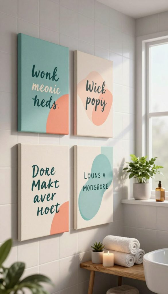 A beautifully arranged bathroom scene featuring inspirational canvas art. In the foreground, vibrant canvas prints hang on a neatly tiled wall, displaying uplifting quotes and abstract designs in soothing colors like teal and soft coral. The middle layer captures a stylish wooden shelf adorned with potted plants, aromatic candles, and rolled fluffy towels. In the background, natural light streams through a frosted window, casting a gentle glow throughout the space. Soft shadows dance on the walls, creating a serene atmosphere. The overall mood is tranquil and inviting, perfect for a relaxing bathroom retreat. The focus is on the art and decor, showcasing a harmonious blend that enhances the room's aesthetic without any human presence.