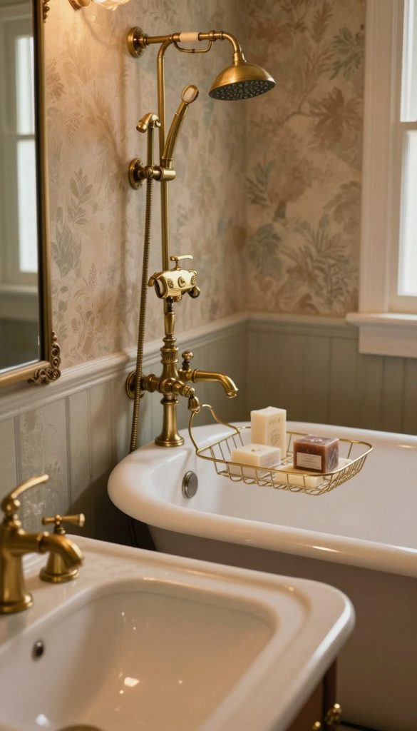 A beautifully arranged bathroom scene showcasing antique brass fixtures, including a vintage faucet with intricate detailing and a classic showerhead. The foreground features a polished marble sink, reflecting the warm tones of the brass. In the middle, an elegant freestanding bathtub is adorned with ornate bronze taps and a stylish vintage shower caddy filled with luxurious soaps. The background boasts soft, textured wallpaper in muted earth tones, enhancing the vintage atmosphere. Ambient golden lighting from a nearby window casts a warm glow, highlighting the curves and textures of the fixtures. The overall mood is serene and timeless, evoking a sense of classic elegance and comfort in a vintage-inspired bathroom setting.