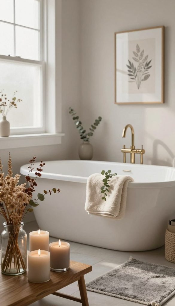 A beautifully arranged bathroom showcasing seasonal decor elements that shift with the changing seasons, centered around a neutral color palette. In the foreground, a wooden shelf displays decorative jars filled with dried flowers and scented candles in soft beige and taupe. The middle ground features a serene freestanding bathtub adorned with fluffy cream towels and a sprig of eucalyptus. A cozy rug in muted gray tones lies beneath the tub. In the background, soft natural light filters through frosted glass windows, casting gentle shadows, while framed art featuring seasonal motifs hangs on the walls. The atmosphere is calm and inviting, perfect for a year-round bathroom refresh with a focus on subtle elegance.