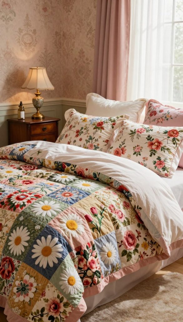 A beautifully arranged bed featuring retro floral print bedding, with a mix of vibrant and muted colors reminiscent of vintage designs. The top layer showcases a patchwork quilt adorned with large daisies and delicate roses, while plump pillows in varying sizes incorporate smaller floral motifs for added texture. In the background, a softly lit, pastel-colored room with vintage-style wallpaper enhances the nostalgic feel, illuminated by warm, diffused light streaming through sheer curtains. A cozy, inviting atmosphere envelops the scene, creating a sense of grandmillennial glam, with elegant accents like a vintage wooden bedside table and a decorative lamp casting gentle shadows. The image captures the essence of a chic, high-end vintage bedroom design without any human presence, focusing purely on the sumptuous bedding and the sophisticated ambiance.