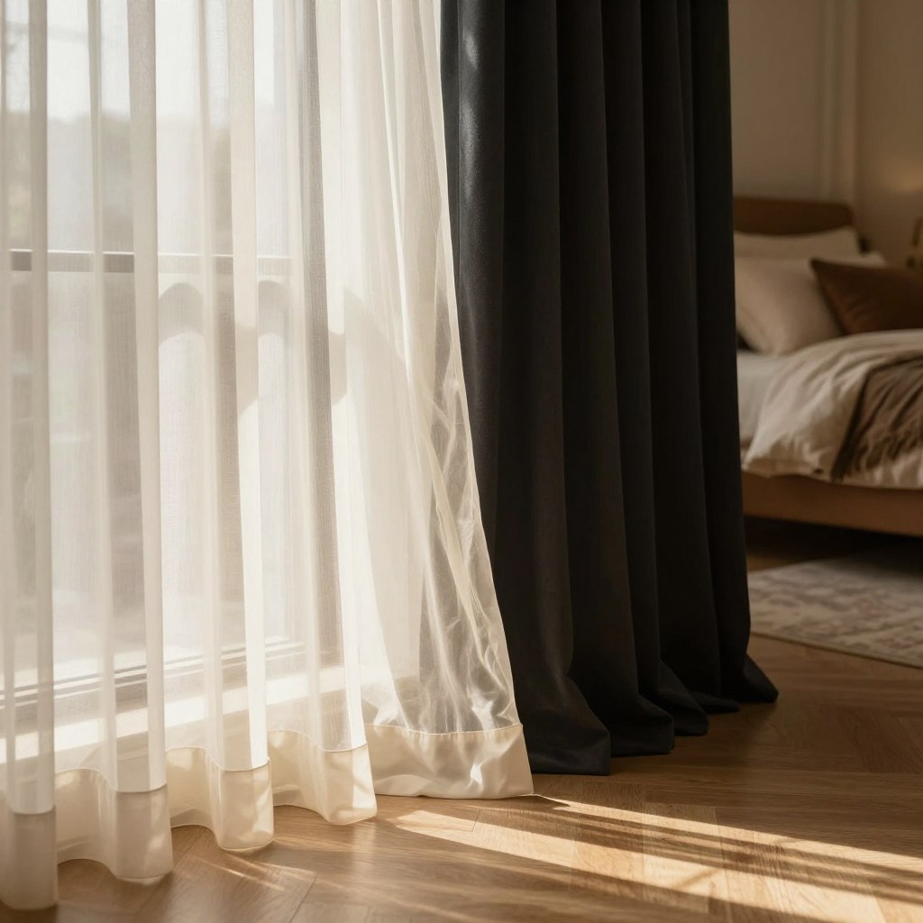 A beautifully arranged bedroom featuring sheer and blackout curtains layered gracefully at the window. In the foreground, delicate sheer curtains billow softly, allowing gentle, diffused sunlight to filter through, casting soft shadows on the floor. In the middle, rich, solid blackout curtains frame the window, providing a dramatic contrast to the lightness of the sheer fabric. The background shows a cozy and elegantly styled bedroom with warm, inviting colors, plush bedding, and soft textures to enhance the romantic atmosphere. The lighting is soft and warm, creating a serene and intimate mood. The perspective is slightly from above, giving a comprehensive view of the layered curtains and the overall ambiance of the space.