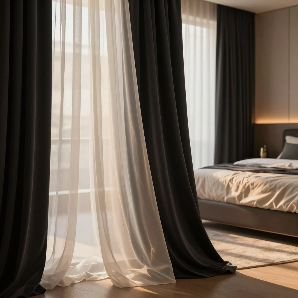 A beautifully arranged bedroom showcasing an elegant layering of sheer and blackout curtains. In the foreground, voluminous sheer curtains billow softly, allowing gentle light to filter through, creating a dreamy ambiance. The middle layer features bold, statement blackout curtains in a rich, deep color, elegantly draped to enhance the romantic atmosphere. The background is a cozy bedroom setting with a plush bed adorned with soft, textured bedding and ambient lighting, casting warm shadows. The overall mood is inviting and serene, evoking a sense of intimacy and comfort. The lighting is soft and diffused, suggesting a late afternoon glow. The lens captures the intricate patterns of the curtains, emphasizing their luxurious fabric and design without any human presence in the scene.