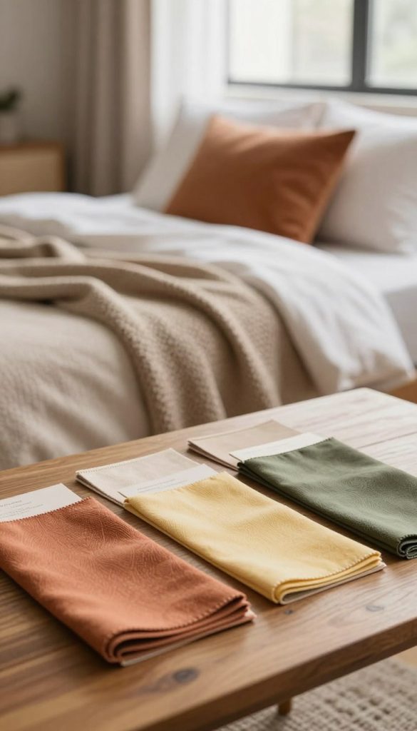 A beautifully arranged color palette displaying warm and inviting hues ideal for a cozy apartment bedroom. In the foreground, showcase swatches of soft terracotta, earthy beige, gentle yellow, and muted olive green laid out on a stylish wooden table. In the middle, softly blurred textures of a plush throw blanket and a decorative pillow in complementary colors. The background features a serene bedroom atmosphere with gently diffused natural light streaming through sheer curtains, illuminating the warm tones. The scene should evoke a sense of tranquility and relaxation, capturing the essence of a peaceful retreat. Emphasize the harmonious interplay of colors, creating a welcoming and soothing vibe suitable for a cozy and inviting space.