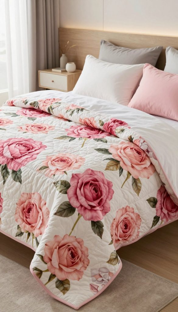 A beautifully arranged oversized rose print quilt, featuring large, vibrant pink and soft blush roses against a delicate white background, gracefully draping over a neatly made bed. The quilt's intricate stitching and reversible design offer an elegant touch, while plush pillows in complementary pastel shades add depth to the scene. In the background, a softly lit modern bedroom with light wood furnishings and minimalist decor creates a serene atmosphere, enhancing the quilt's focal point. Natural light filters through sheer curtains, casting a warm glow on the quilt, inviting a cozy, inviting feel. The image captures a fresh, modern bedroom, emphasizing the bold floral statement while maintaining a sense of tranquility and style.