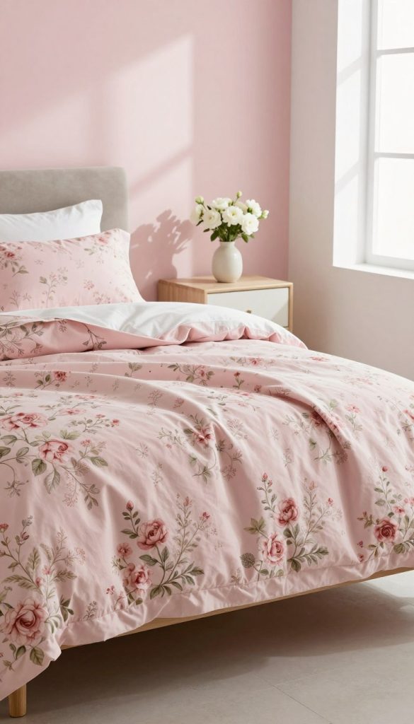 A beautifully arranged pink floral bedspread draped elegantly over a modern wooden bed frame, showcasing intricate floral patterns in soft shades of blush and rose. The foreground features delicate bed linens with a slight sheen, inviting a touch of luxury. In the middle, a contemporary nightstand holds a small vase of fresh white flowers, enhancing the overall charm. The background showcases a softly painted wall in a complementary pastel hue, with bright natural light streaming in from a nearby window, casting gentle shadows that add depth to the scene. The atmosphere is warm and inviting, perfect for a fresh, modern bedroom. The composition should emphasize the bedspread's textures and details, while maintaining a serene and stylish aesthetic.