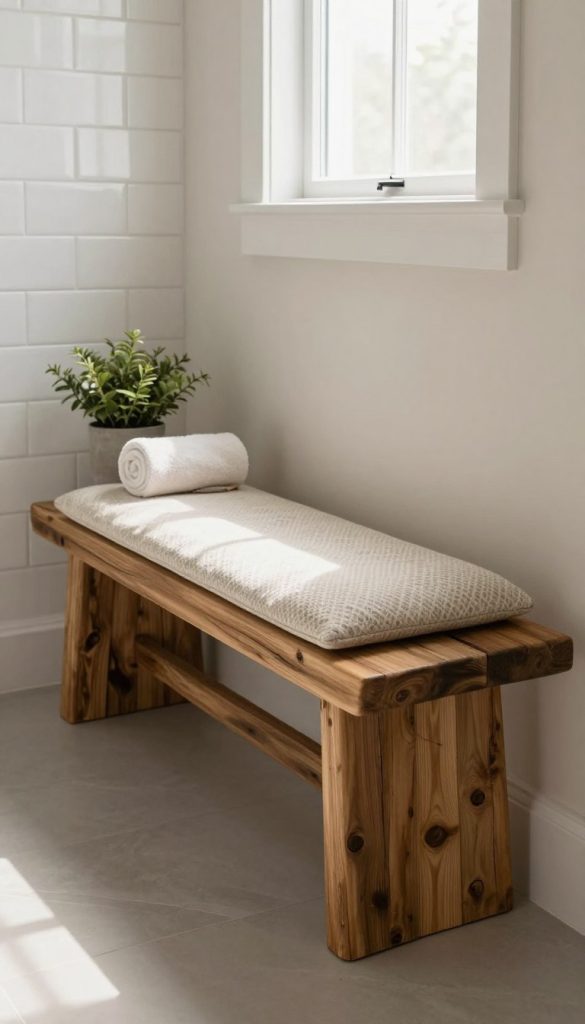 A beautifully crafted DIY bathroom bench made from reclaimed wood, showcasing a rustic yet modern design. The bench is placed against a soft, neutral-colored bathroom wall, with elegant white subway tiles visible in the background. Soft natural light streams in through a frosted window, creating a warm and inviting atmosphere. The bench features a comfortable, plush cushion in a subtle patterned fabric, enhancing the cozy vibe. Around the bench, various decorative items—such as potted plants and rolled towels—add a touch of luxury. The image is framed from a slightly elevated angle to capture both the bench and its stylish surroundings, emphasizing the elegant yet budget-friendly aesthetic of the DIY project.