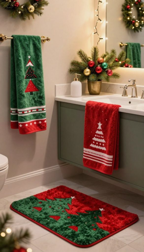 A beautifully decorated festive bathroom designed for holiday celebrations. In the foreground, a vibrant, fluffy red and green bath mat, complemented by a decorative holiday-themed towel set hanging on a chic towel rack. In the middle, an elegant, frosted glass soap dispenser sits on the countertop, along with a centerpiece of fresh evergreen branches adorned with colorful ornaments. The background showcases a mirror reflecting soft, ambient lighting that creates a warm and inviting atmosphere. Christmas lights are subtly wrapped around the bathroom mirror, adding a magical touch. The color palette includes rich greens, deep reds, and touches of gold to evoke a cozy holiday spirit. The overall mood is cheerful and celebratory, ideal for holiday gatherings.